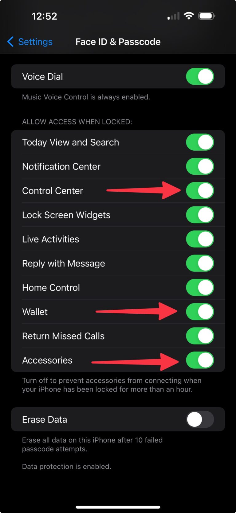 Face ID & Passcode Settings Switches