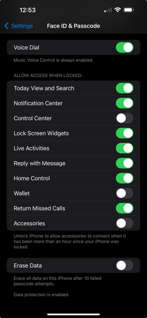 Face ID & Passcode Settings Switches