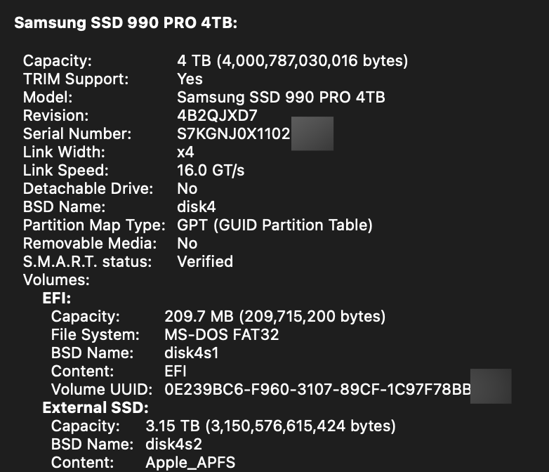 Samsung 4TB 990 Pro Details in MacOS